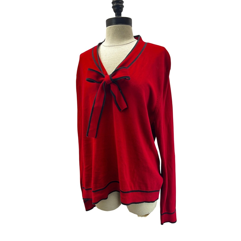 Brooks Brothers Sweater Women L Red Excellent Bow V-Neck Cotton Long Sleeve Top